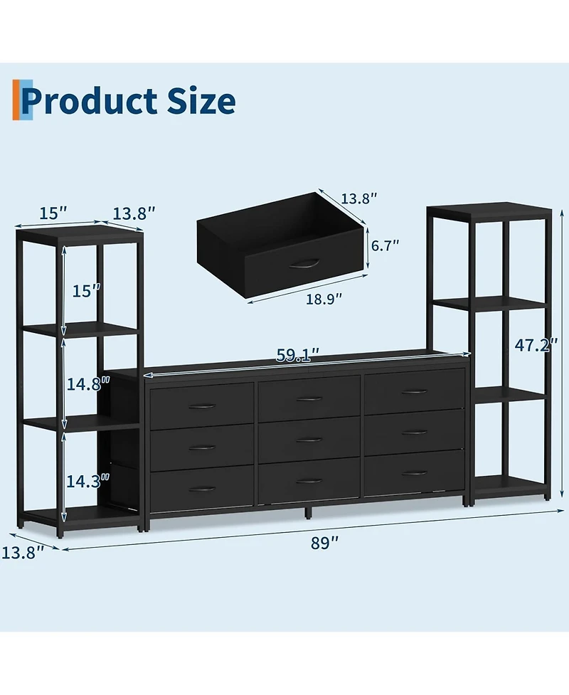 gaomon Tv Stand Dresser for 75 Inch Tv, Large Entertainment Center with Fabric Drawers & 4 Tier Storage Shelves