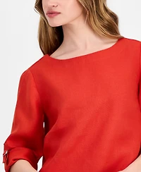 Charter Club Petite 100% Linen Cuffed Top, Created for Macy's