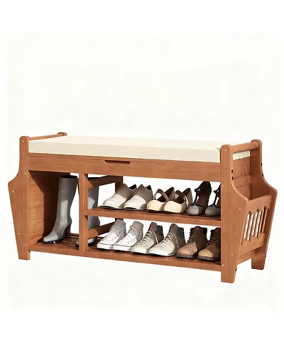 Yigii Shoe Bench 3 Tier Entryway Storage Rack with Side Holders Removable Cushion