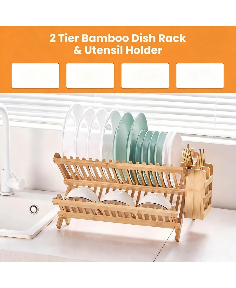 Yigii Bamboo Dish Drying Shelf Collapsible Utensil Holder Kitchen Counter