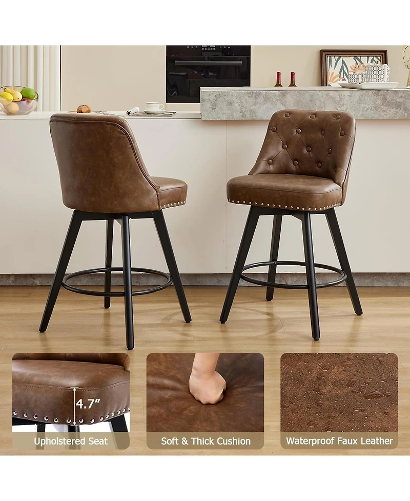 gaomon Counter Height Swivel Bar Stools Set of 2, Leather Upholstered with Wood Legs