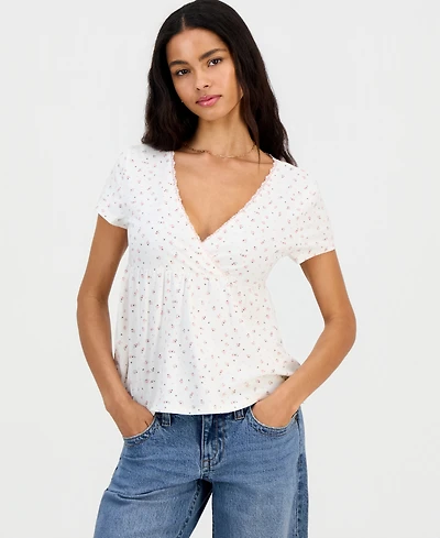 Hippie Rose Juniors' Surplice-Neck Babydoll Top