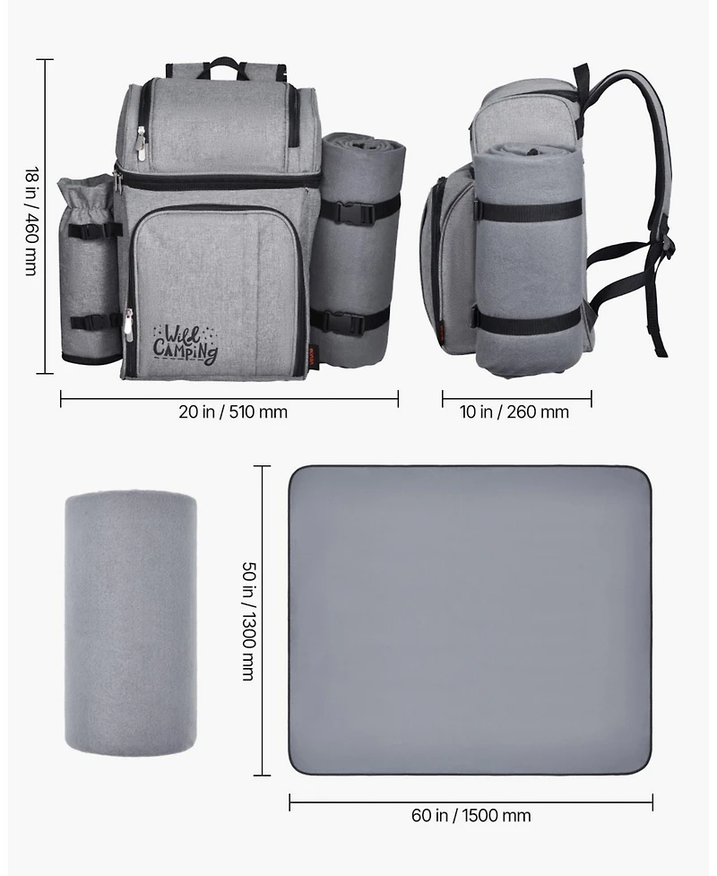 Mecale 4-Person Picnic Backpack with Insulated Cooler, Blanket and Tableware Set