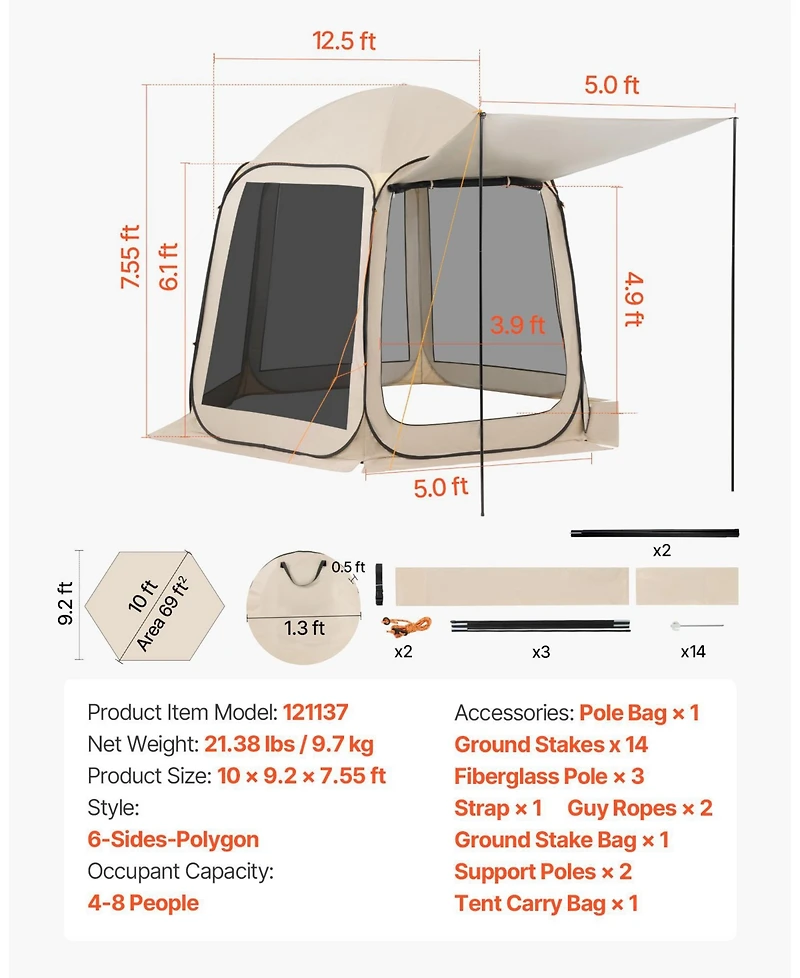Mecale 10 x 9.2 Ft Pop-Up Screen House Tent with Awning for 4-8 People
