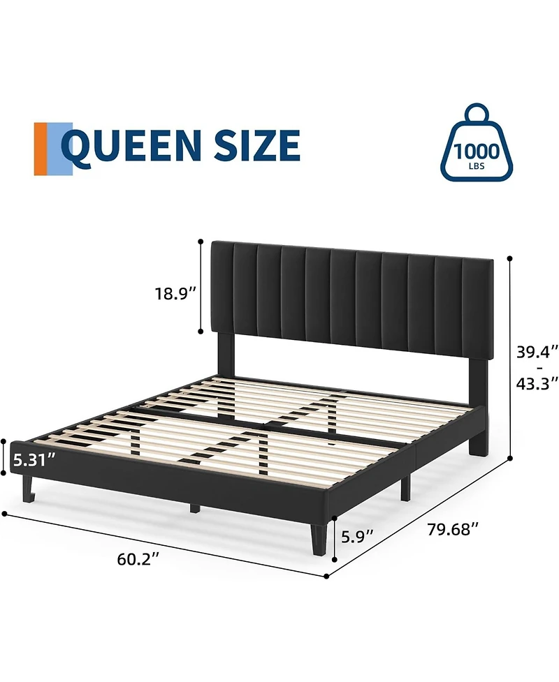 gaomon Queen Size Velvet Iron Mdf Vertical Pattern Soft Bag Basic Bed Upholstered Bed Frame, Stylish Design, Comfortable Mattress, No Box Spring