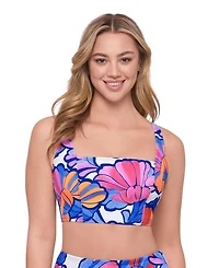 S3 Apparel Women's Supportive Square Neck Lace Back Midkini Swimsuit Top - Pink Riviera Floral