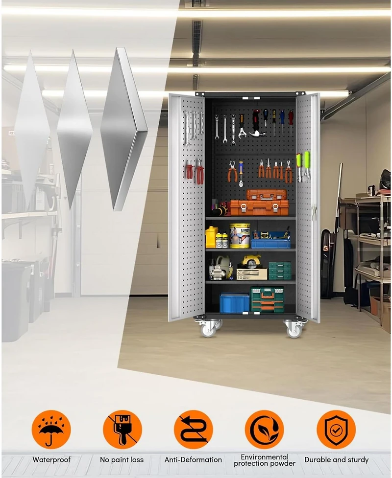 gaomon 72-Inch Steel Metal Storage Cabinet with Wheels, Lockable Rolling Garage Organizer with Pegboard and 4 Adjustable Shelves