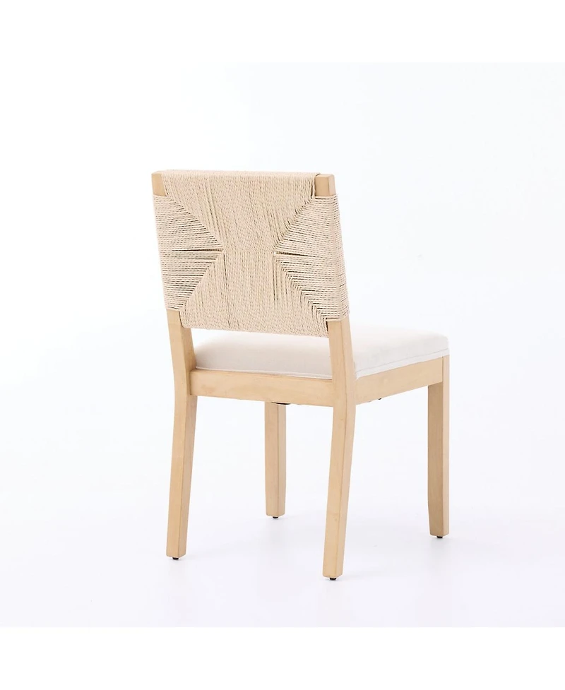Maison Boucle Set of 2 Rope Rattan Dining Chairs with Wood Frame and Linen Seat