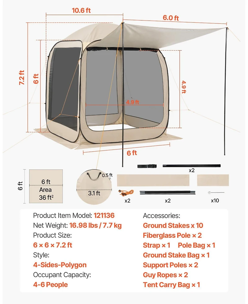 Mecale 6 x 6 Ft Pop-Up Screen House Tent with Awning for 4-6 People