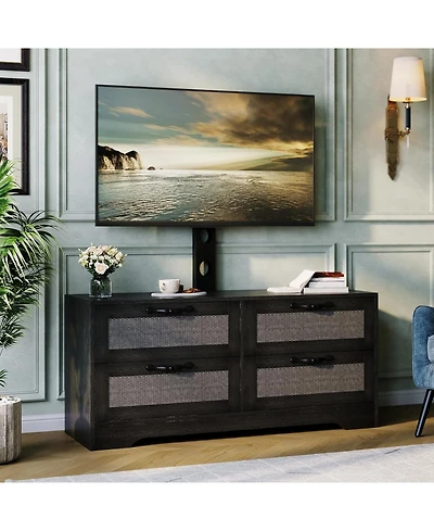 gaomon rattan Tv stand with mount, 4 drawer dresser console for TVs up to 70'', farmhouse wooden media unit for living room or bedroom.