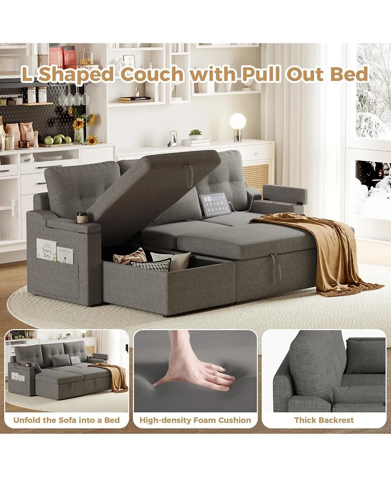 gaomon 85" Reversible L-Shaped Sleeper Sofa Bed with Pull-Out Bed, Storage Chaise, Usb-c Ports, Removable Covers and Cup Holder
