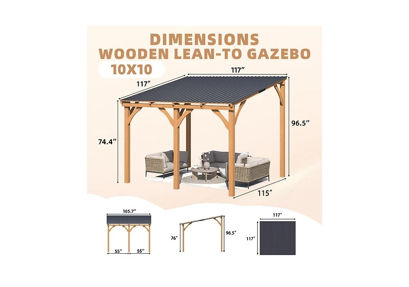 Aecojoy 10' x 10' Wooden Hardtop Lean-To Feature Gazebo/Pergola