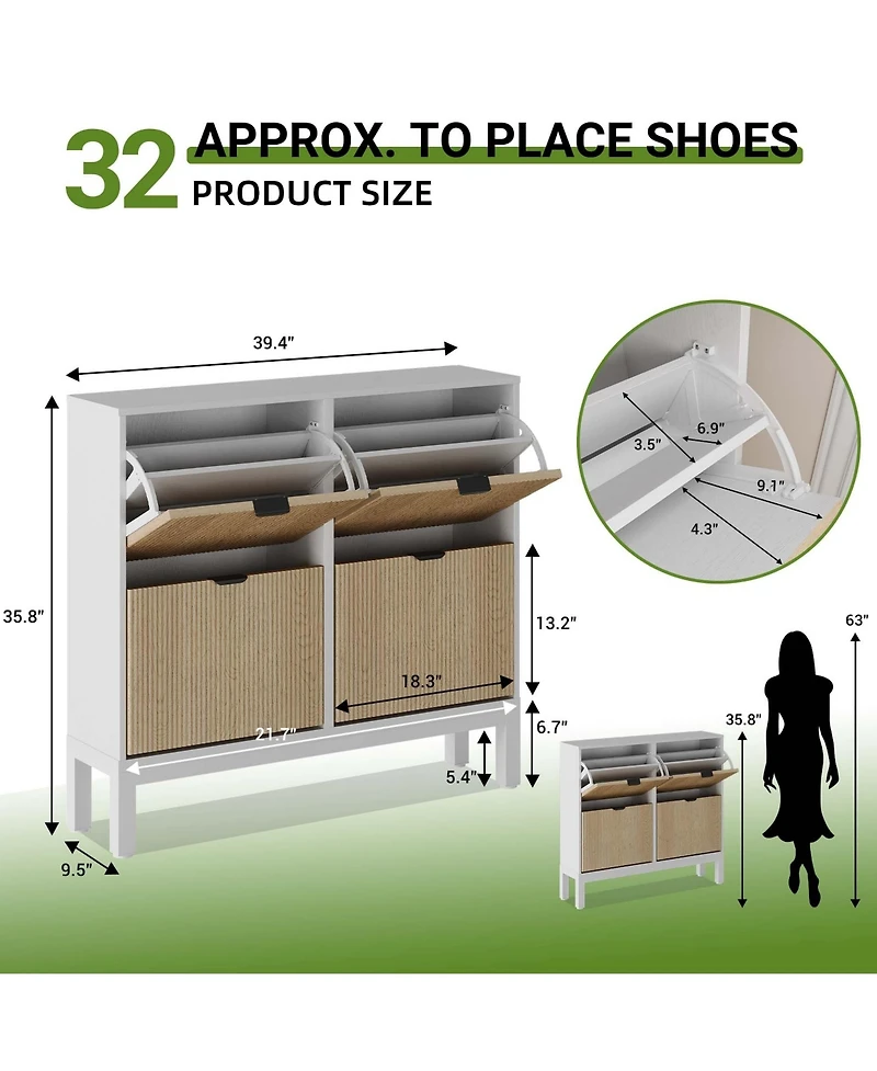 gaomon Shoe Storage Cabinet with 4 Flip Drawers, Farmhouse Fluted Shoe Organizer with Metal Legs