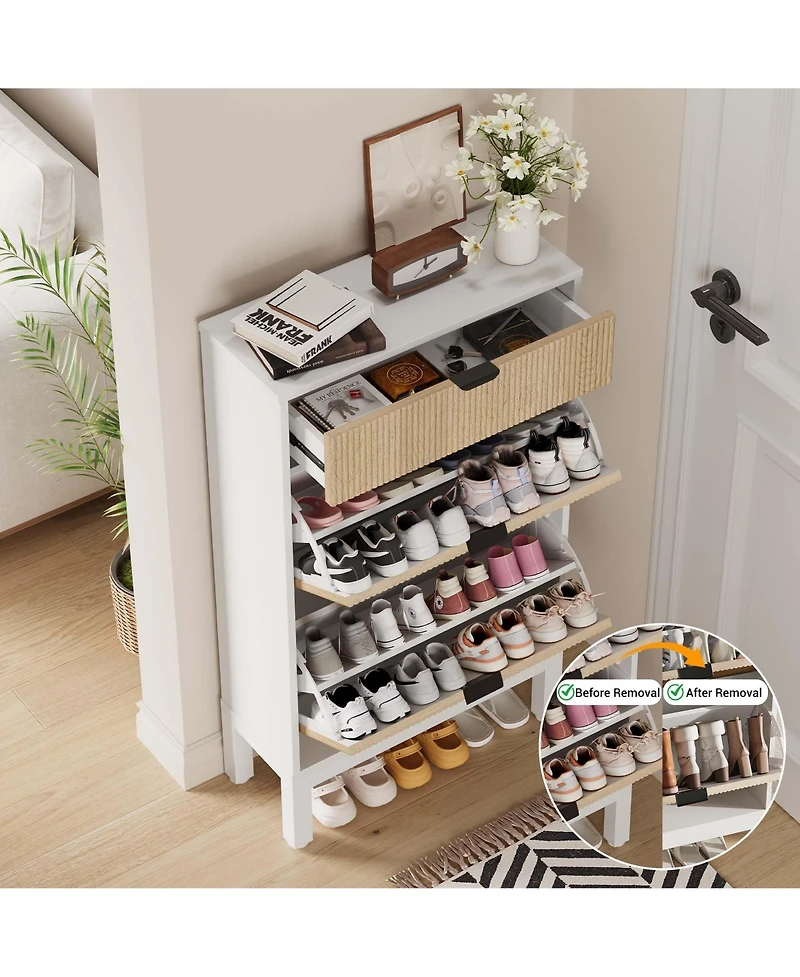 gaomon Shoe Storage Cabinet with 2 Flip Drawers & Large Drawer, Farmhouse Fluted Shoe Organizer with Metal Legs