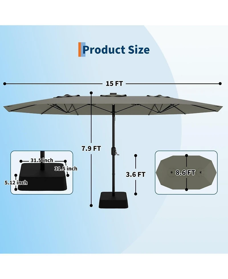 gaomon 15 ft Rectangular Patio Umbrella with Base, Crank Handle, Uv Protection, Large Outdoor Market Umbrella for Deck & Pool