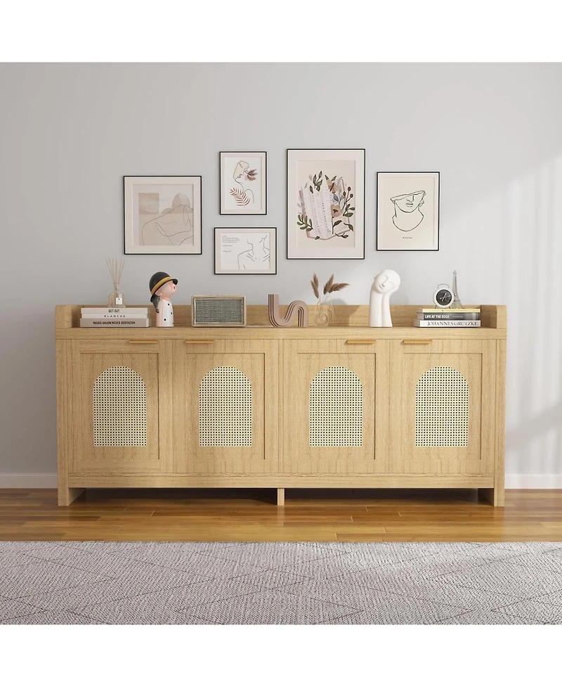 gaomon rattan Tv stand for 65'' TVs, mid century modern console with glass doors, storage cabinet, and 61.5'' table for living rooms.