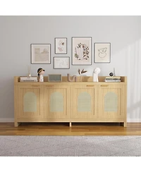 gaomon rattan Tv stand for 65'' TVs, mid century modern console with glass doors, storage cabinet, and 61.5'' table for living rooms.