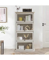 Rainsken Display Cabinet with 4 Flip up Glass Doors, 4-Tier Versatile Storage Organizer, Antique Bookcase for Office, Living Room