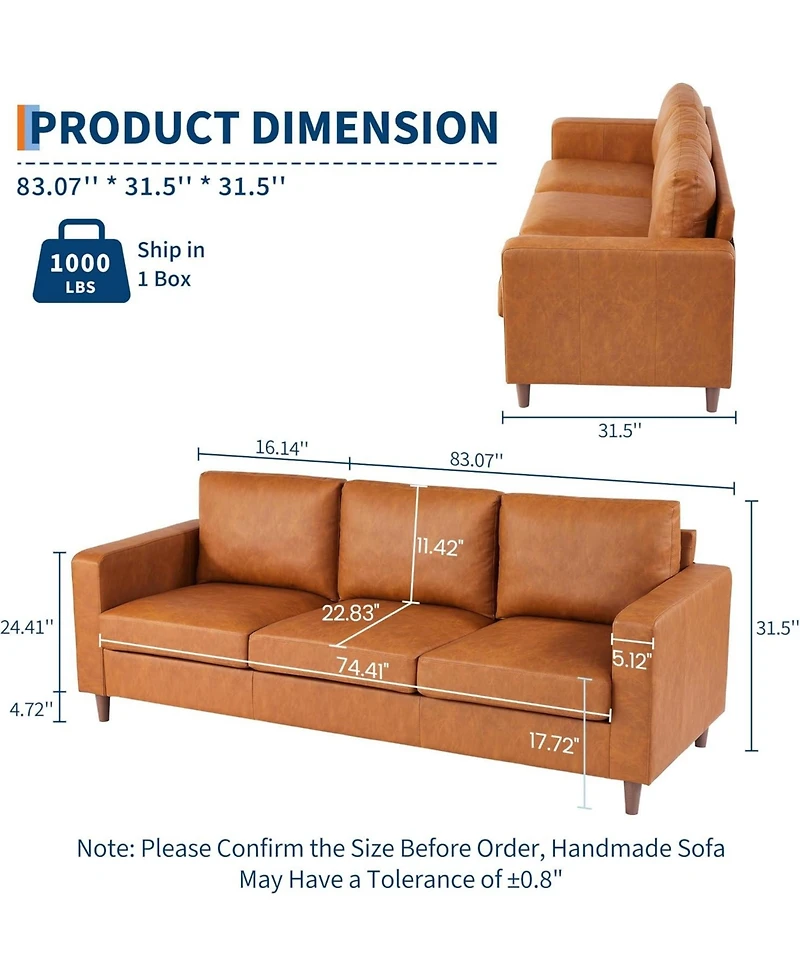 gaomon 83" Leather Sofa, Mid-Century Modern 3-Seater Couch with Cushions and Armrests