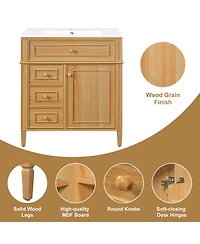 Busdays 30" Bathroom Vanity with Sink, Solid WoodandMDF, Flip-Out Drawer, 2 Soft-Close Drawers, 1 Soft-Close Door, Elegant Handles