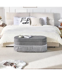 Rainsken Oval Storage Ottoman, Upholstered Footrest with Fringe Trim, Hidden Storage and Metal Frame for Living Room, Bedroom