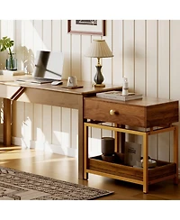 Rainsken Nightstand with Drawer and Open Shelf, Sofa Side Table with Gold Metal Frame, Modern Bedside Table for Bedroom and Living Room