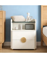 Rainsken 2-Drawer Nightstand, Modern Wood Bedside Table with Open Tempered Glasses Storage Space, End Table for Living Room and Bedroom