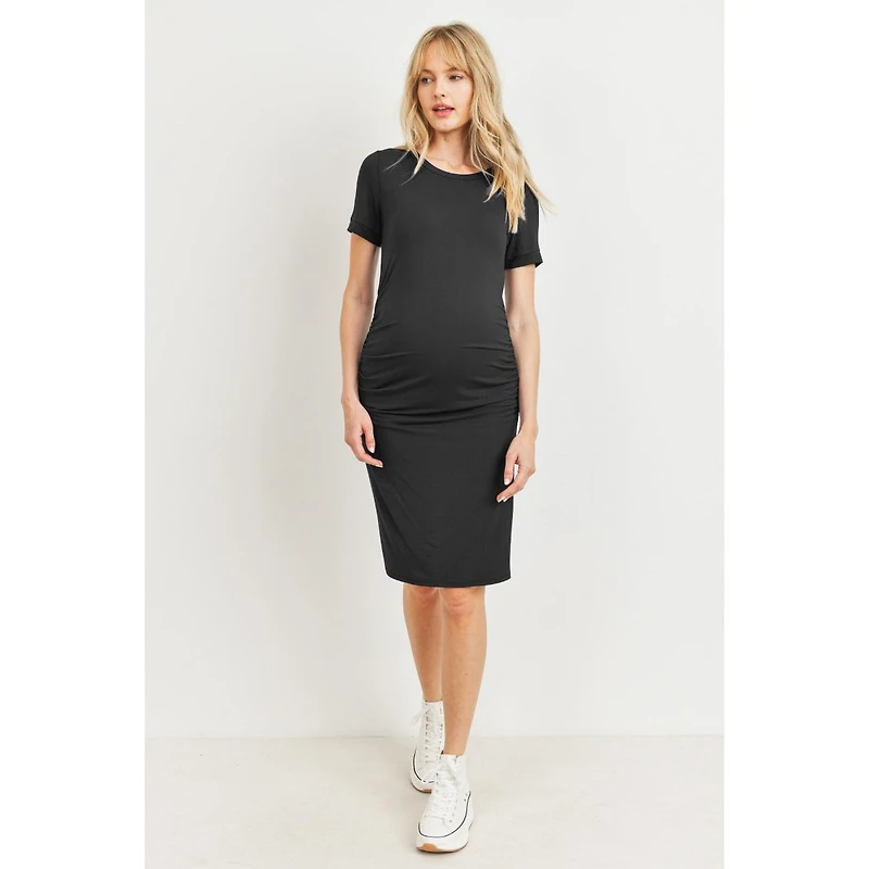 Hello Miz Maternity Casual Short Sleeve Crewneck Side Ruched T-Shirt Dress