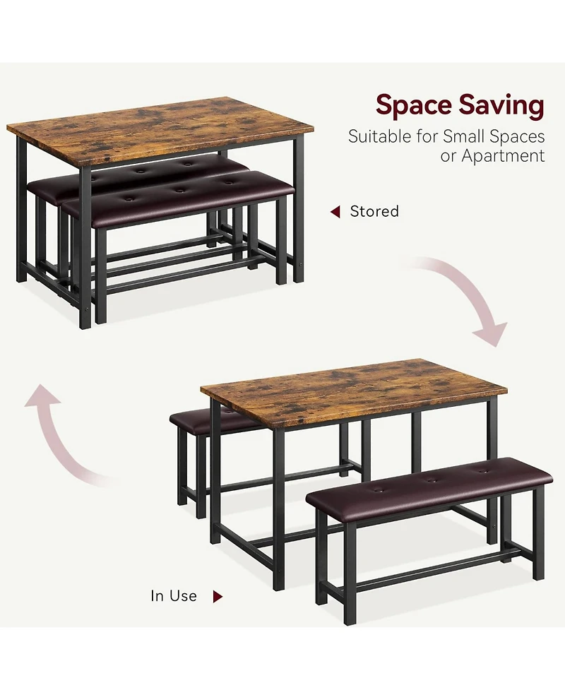gaomon Kitchen Table Set with 2 Upholstered Benches for 4, Dining Room Metal and Wood Rectangular Table Set for Small Space, Apartment