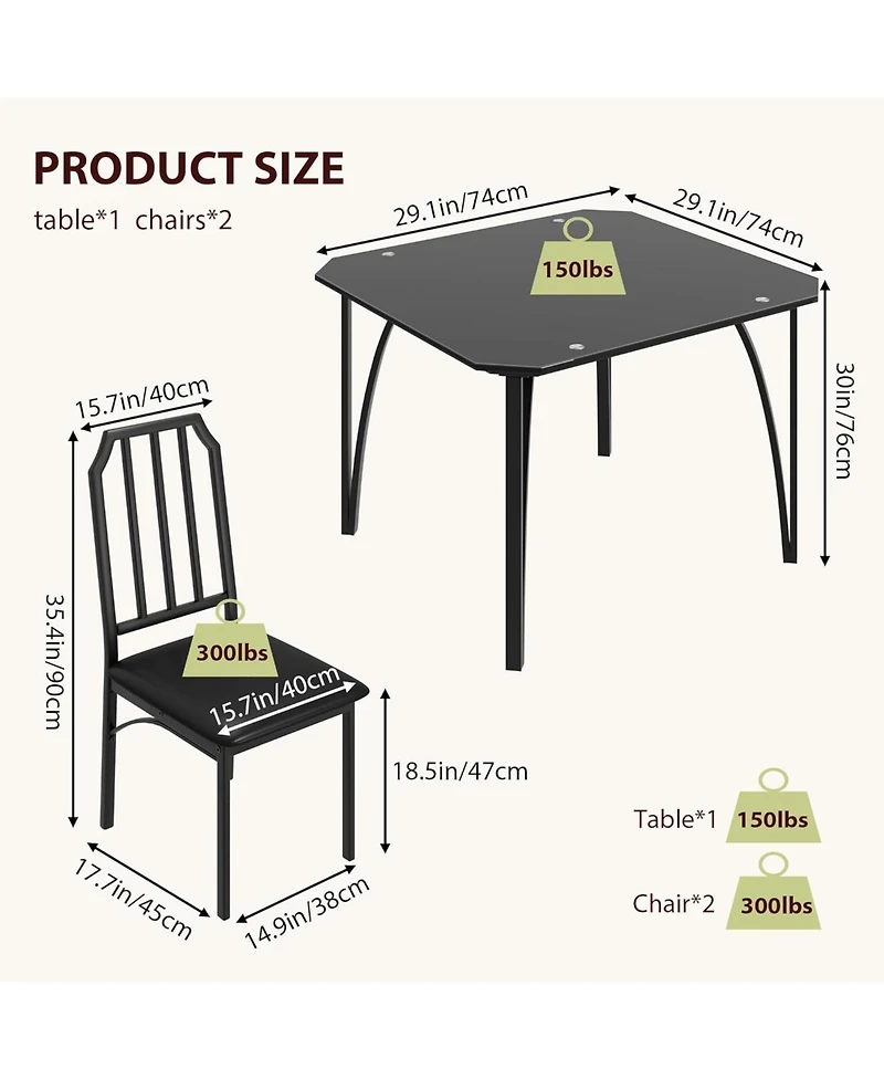 gaomon Glass Dining Table Set for 2, Kitchen Table and Chairs for 2 with with Chamfer Design, 3 Piece Dining Room Table Set with Cushion Seats