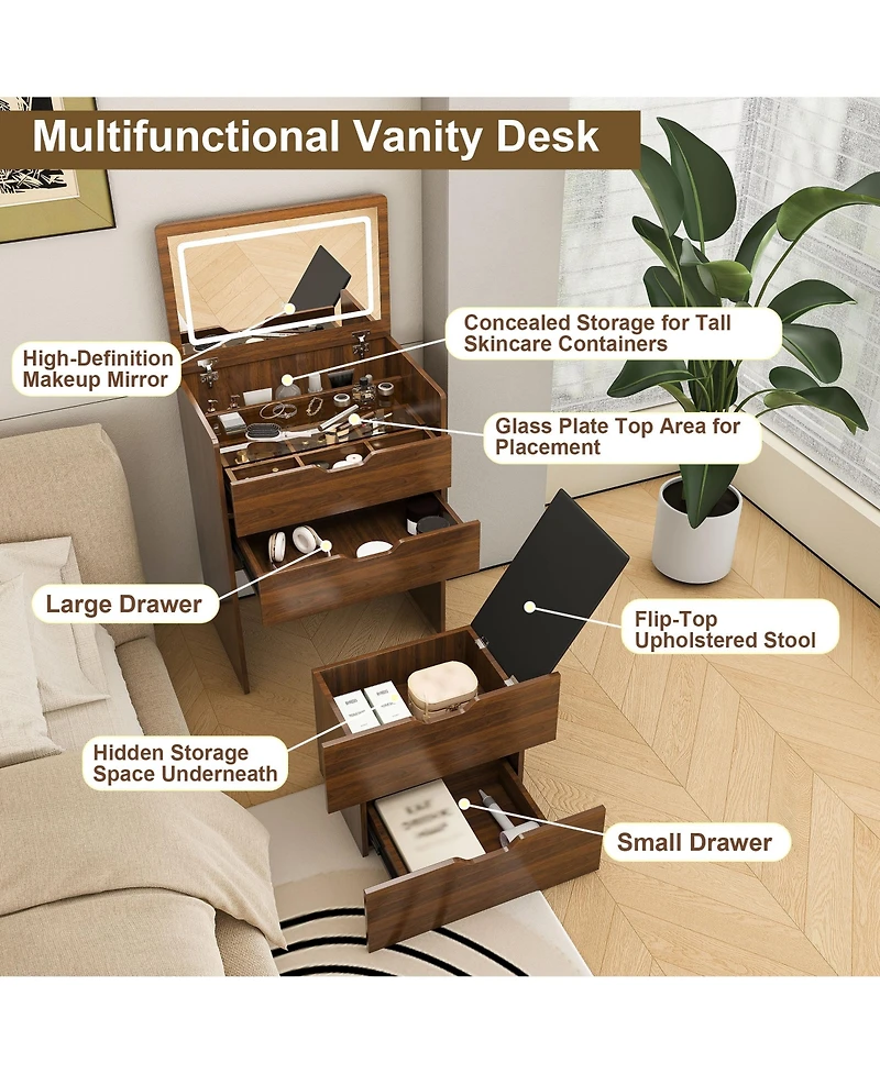Rainsken 3-in-1 Vanity Desk with Lighted Mirror & Cushioned Tool, Flip Top Makeup Dressing Table for Cloakroom, Bedroom (23.62"L, Walnut)