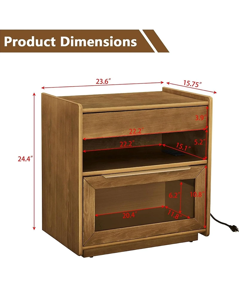Rainsken Nightstand with Charging Station and Outlet Hole, Mid Century Modern Bedside Table with Open Shelf, End Table for Living Room