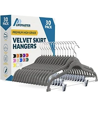 Lifemaster Velvet Skirt Hangers, Adjustable Clips, 360° Swivel Hook, Non-Slip, Holds 10, Organize Clothes, 17.13"x8.86", 30-Pack