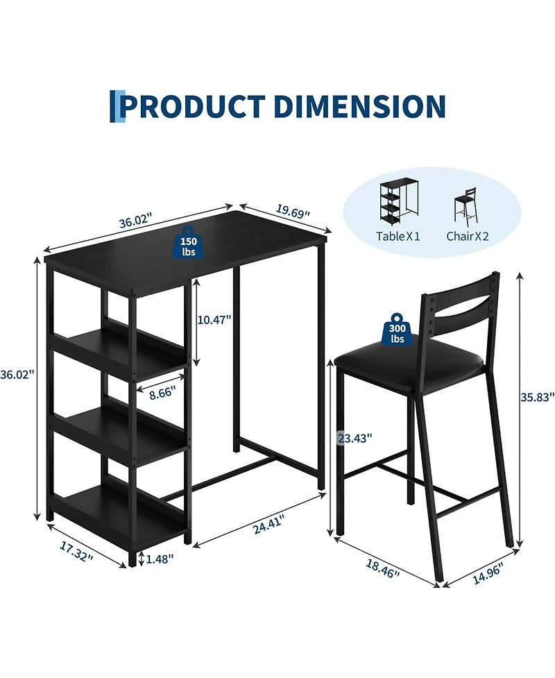 gaomon 3-Piece Kitchen Table Set with Storage Shelves and 2 Upholstered Chairs