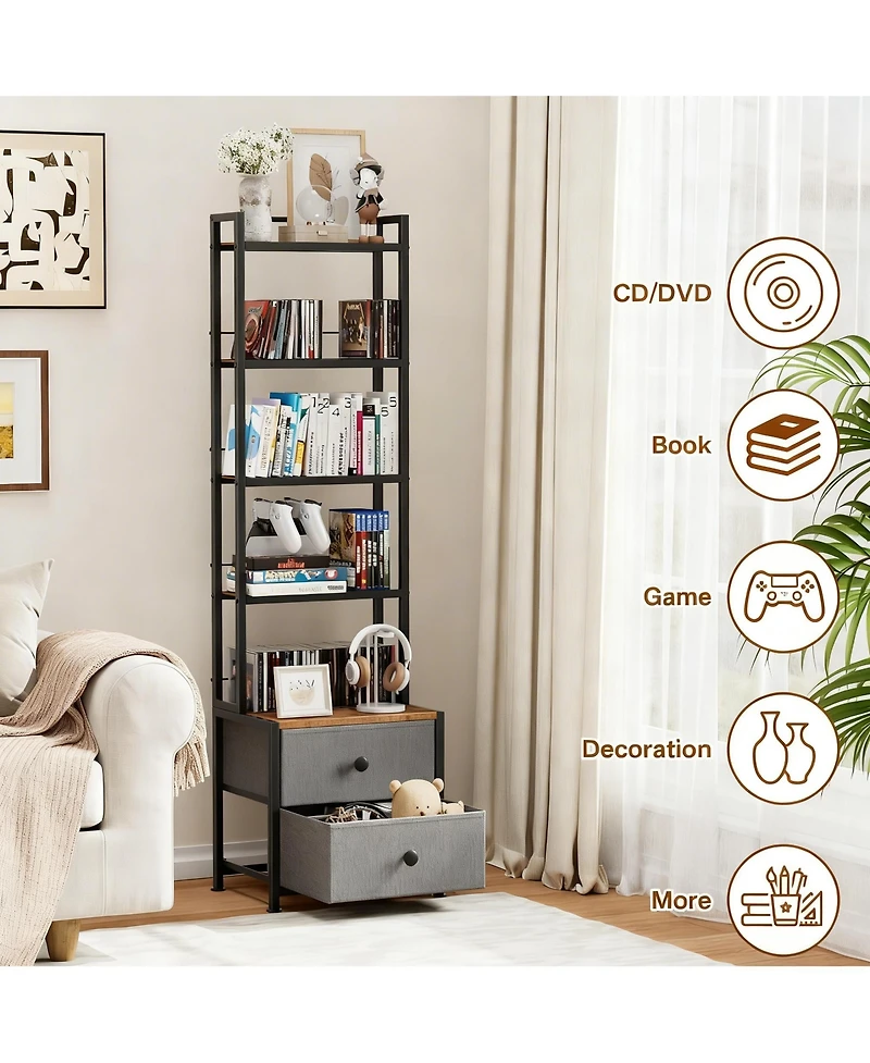 Yigii 5-Tier Organizer Shelf Adjustable Book Stoppers Fabric Drawers Living Room Office