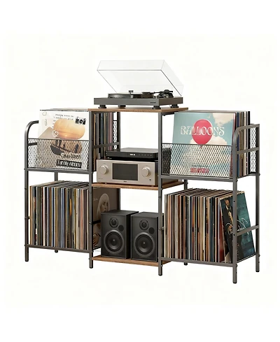 Yigii Record Player Stand Vinyl Storage 350+ Albums Power Outlets