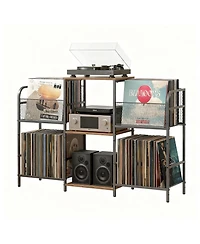 Yigii Record Player Stand Vinyl Storage 350+ Albums Power Outlets