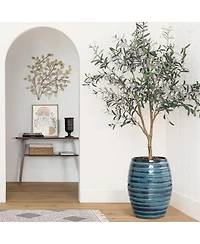 LuxenHome 17.7" Tall Ceramic Planter Pot for Indoor Outdoor Plants with Ribbed Texture, Large Garden Plant Pots with Drainage Hole, Blue