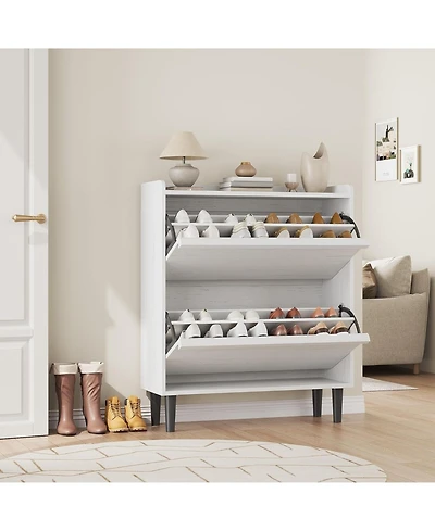 Homfan Shoe Cabinet with 2 Flip Drawers, Hidden Shoe Storage Organizer for Entryway, Wooden Shoe Rack