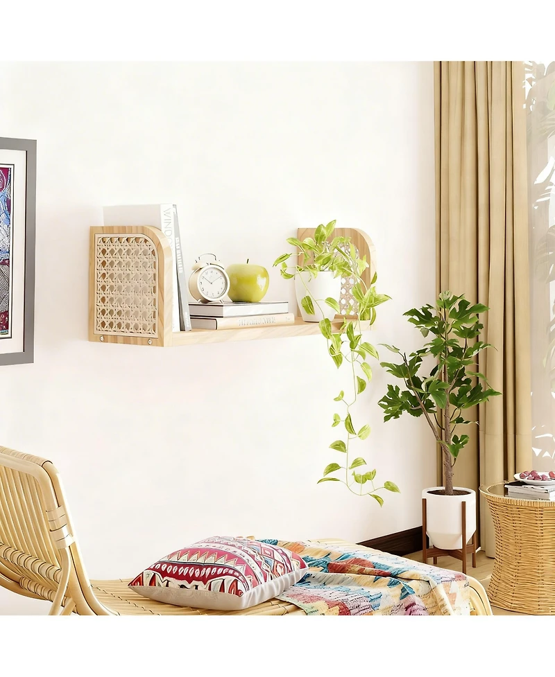 Yigii Rattan Wall Shelf Wooden Floating Storage Boho Decorative