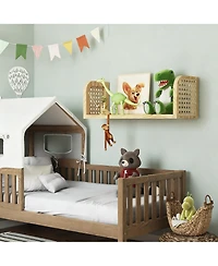 Yigii Rattan Wall Shelf Wooden Floating Storage Boho Decorative