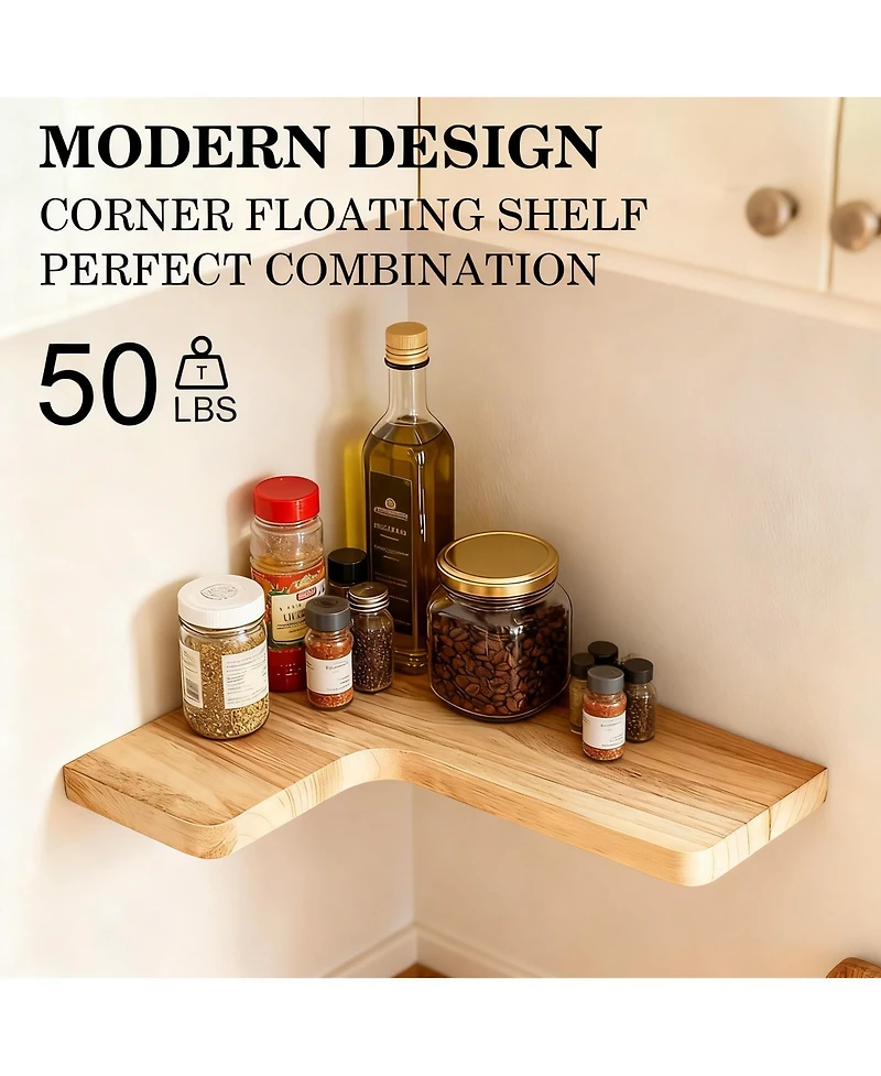 Yigii Floating Corner Shelves Wall Mounted Set of 2 Solid Wood Storage Display