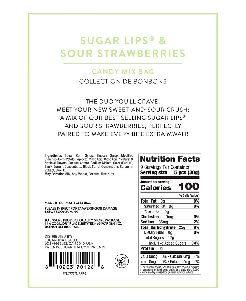 Sugarfina Sweet Escape Sugar Lips Sour Strawberries Candy Mix Bag, 2-Pc.