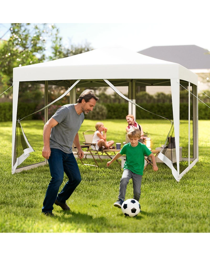 Gymax 10 Ft x 10 Ft Pop-Up Canopy Tent w/ Mesh Netting Carry Bag 8 Stakes and 4 Ropes Outdoor