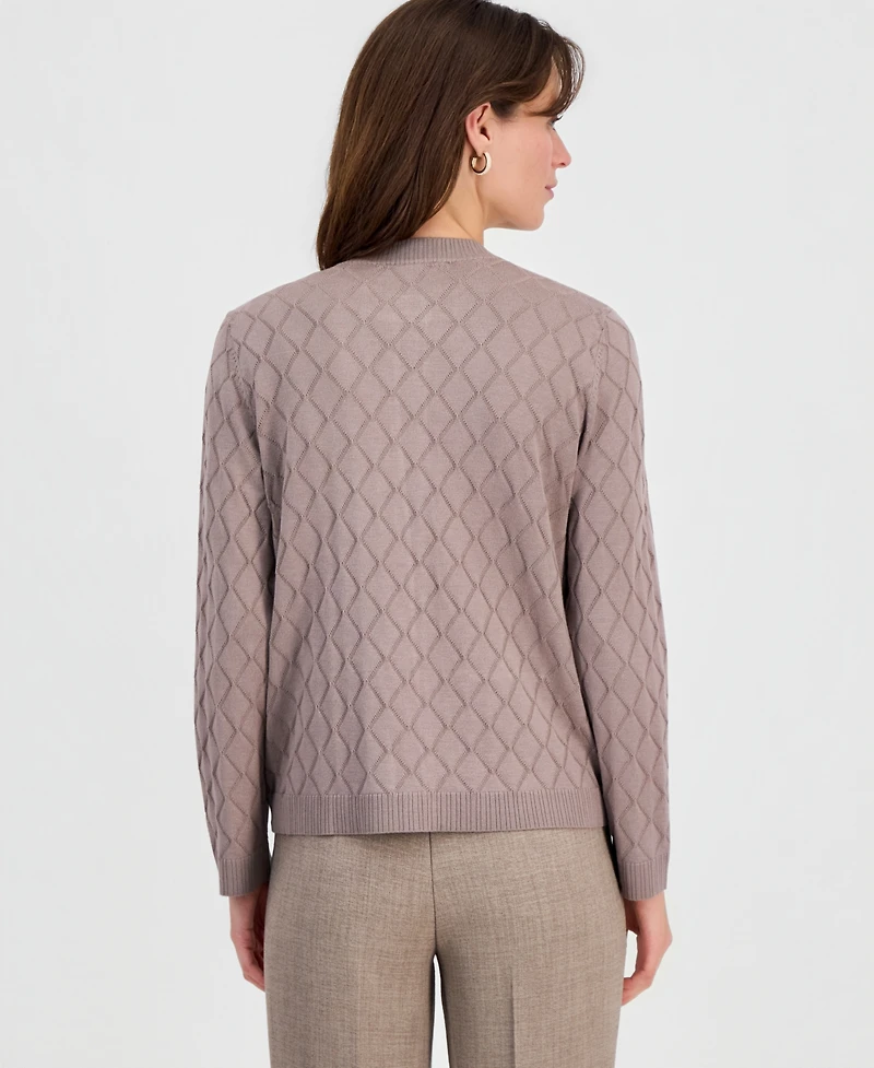 Kasper Petite Diamond-Stitch Crewneck Cardigan