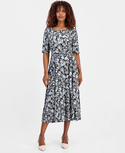 Kasper Women's Printed Elbow-Sleeve Fit & Flare Dress
