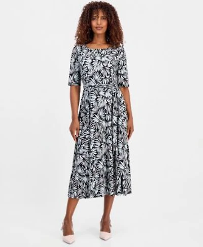Kasper Womens Printed Elbow Sleeve Fit Flare Dress