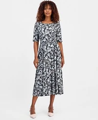 Kasper Womens Printed Elbow Sleeve Fit Flare Dress