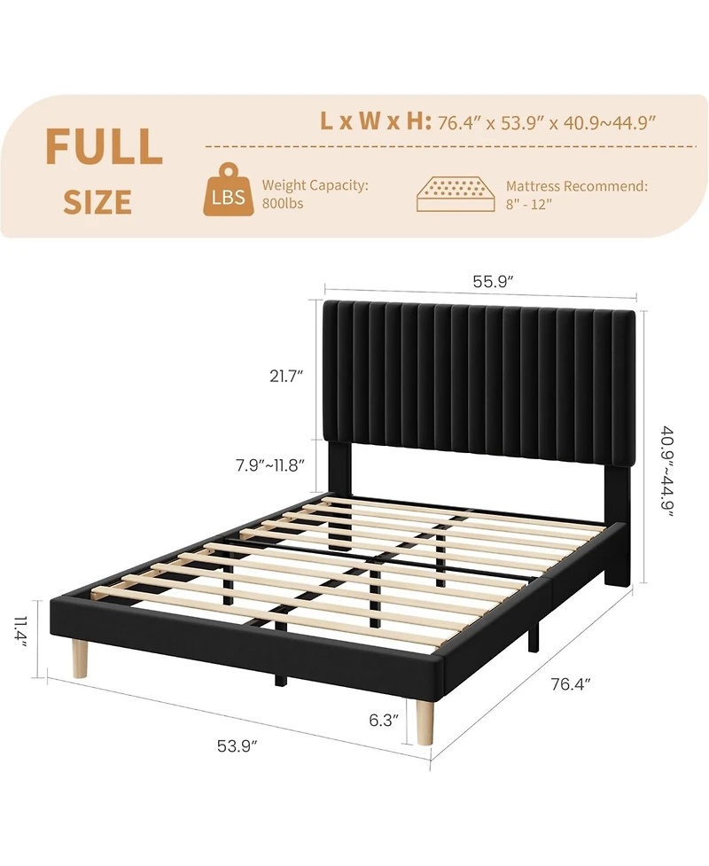 gaomon Full Size Iron & Mdf Bed Frame Upholstered Tall Vertical Stripe Design, Modern, Sturdy Construction, No Box Spring Needed for Bedroom