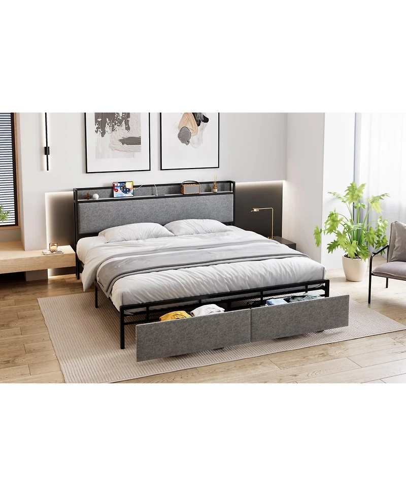 gaomon King Bed Frame with Storage Drawers & Charging Station, Upholstered Headboard, Noiseless, Sturdy, Easy Assembly